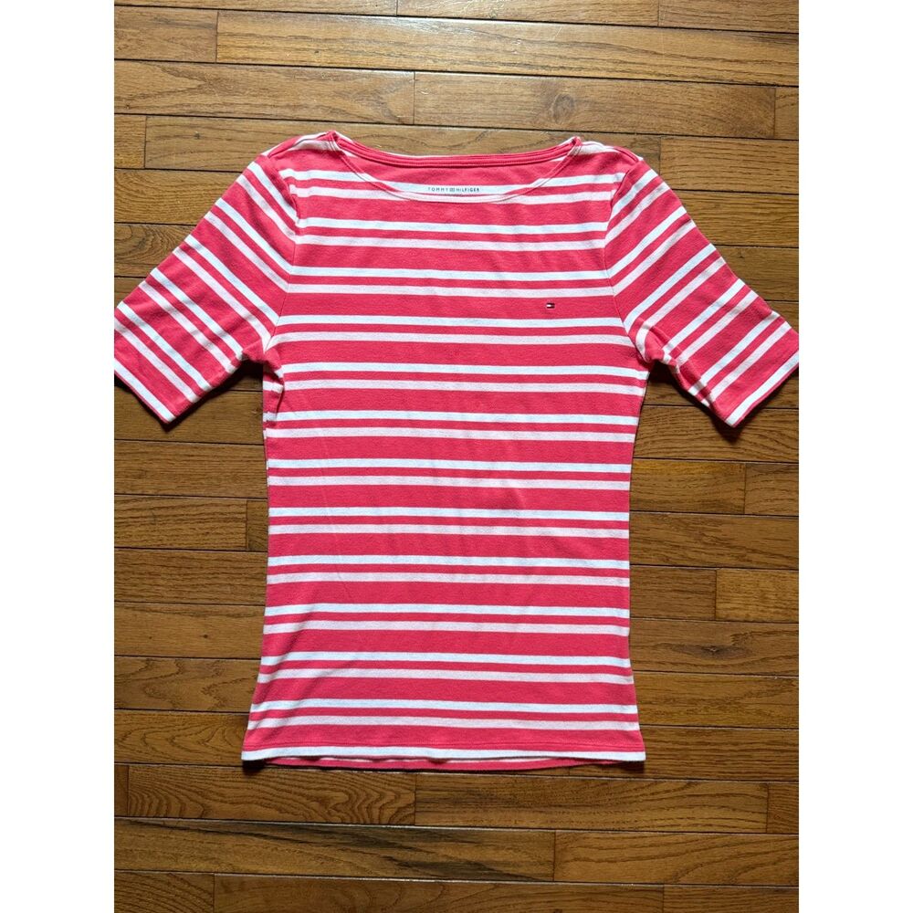 Tommy Hilfiger Pink White Striped Tee Women’s Large Casual Short Sleeve Top